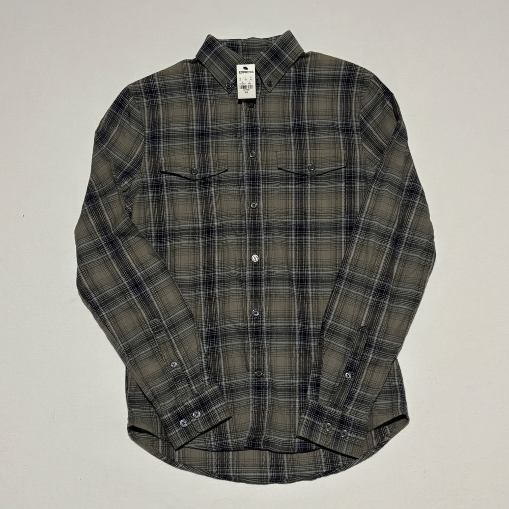 New Express Plaid Button Down Shirt Mens XS Grey Green Long Sleeve Flannel Style